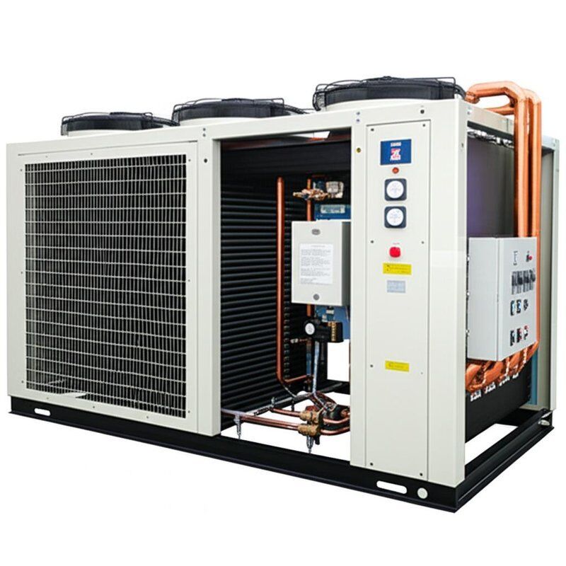 Yüksek düşük basınçlı aşırı yüklü kanatlı kondansörlü su soğutucu makinesi Dondurma karşıtı faz dizisi koruma sistemi Gürültü seviyesi 65dBA